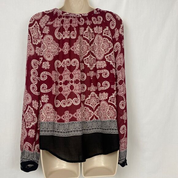 Lucky Brand Tunic Top Womens Small Boho Paisley Button Down Smocked Semi Sheer - Picture 3 of 10